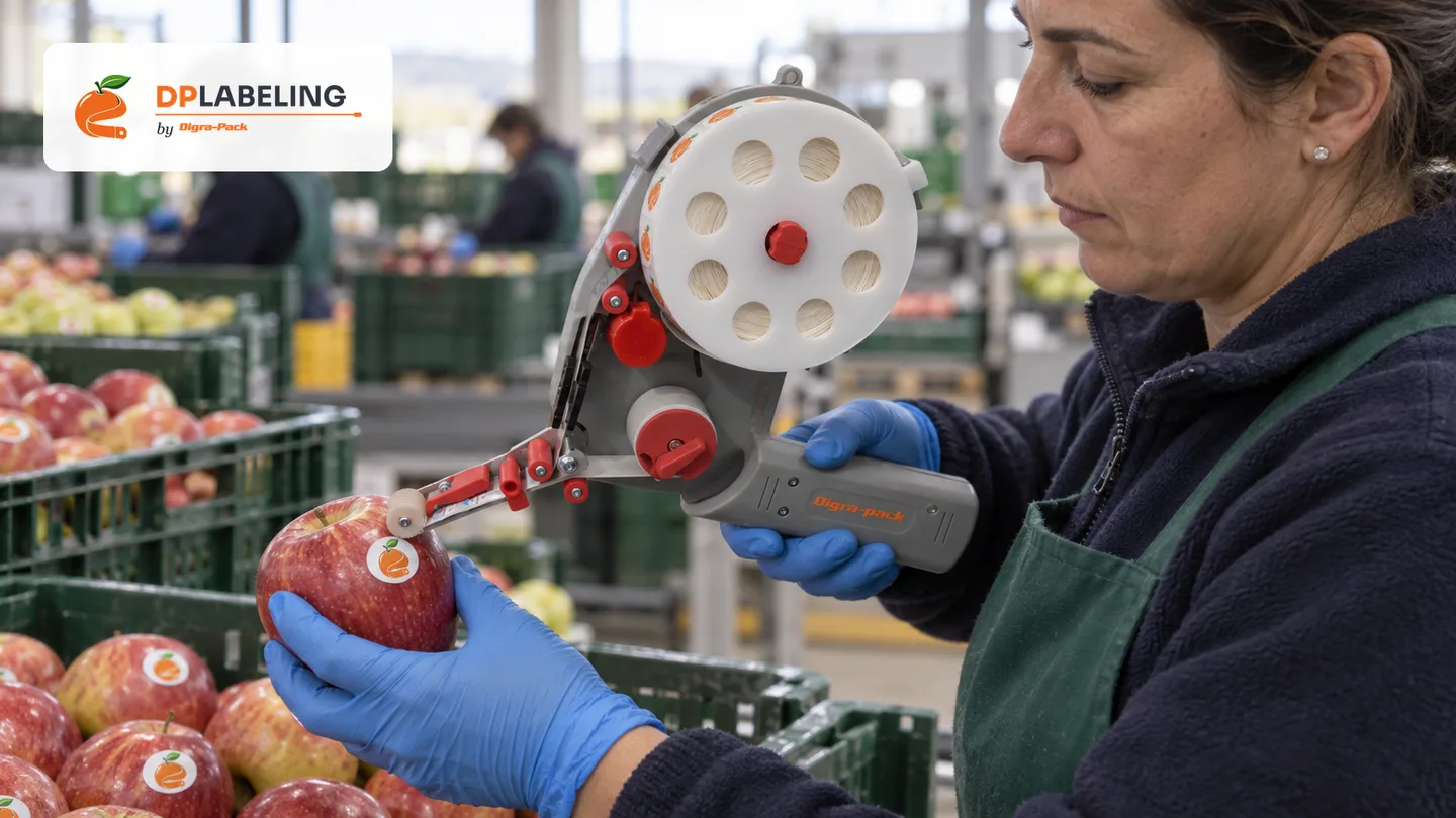 Manzana etiquetado con una etiquetadora DP25
